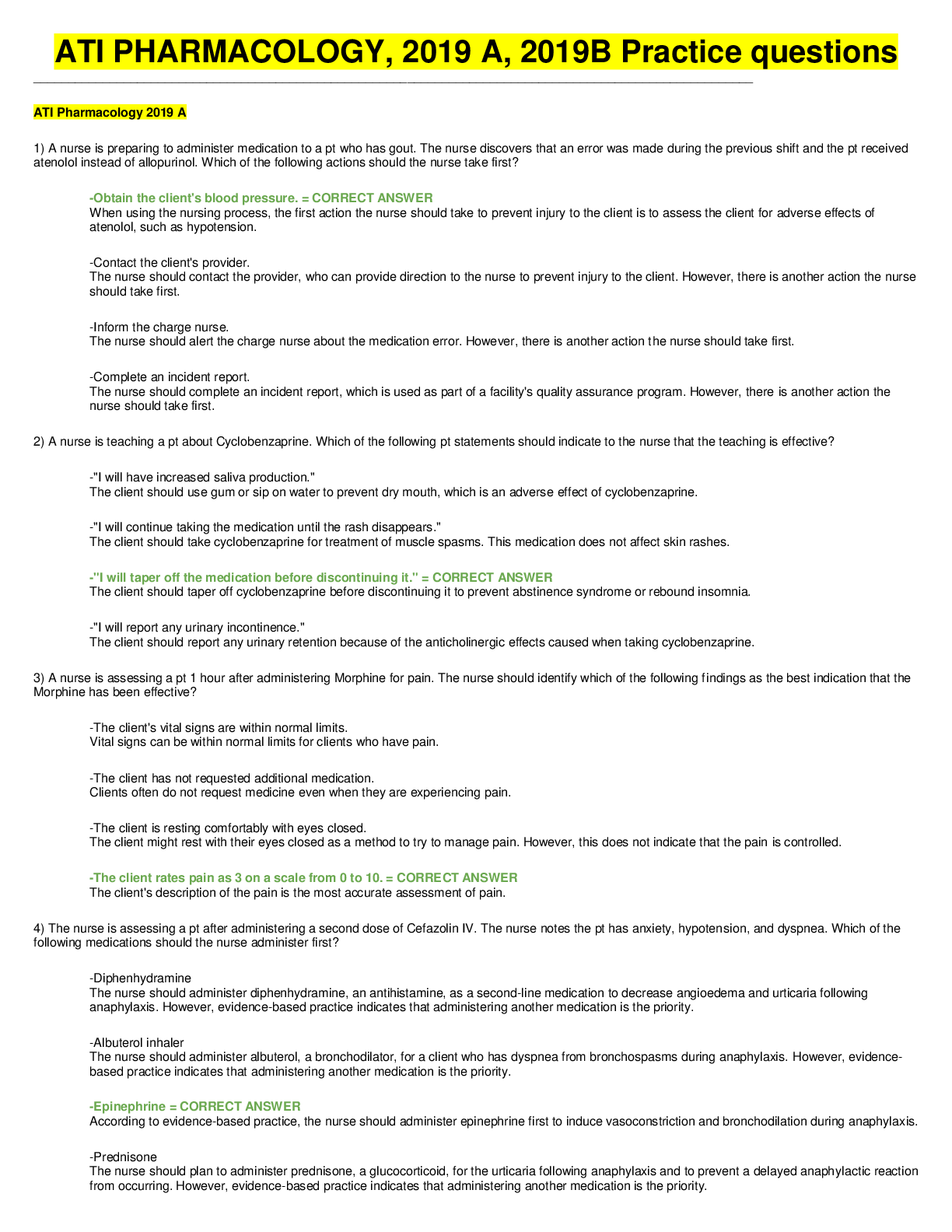 Preview of ATI PHARMACOLOGY, 2019 A,  & 2019B Practice questions